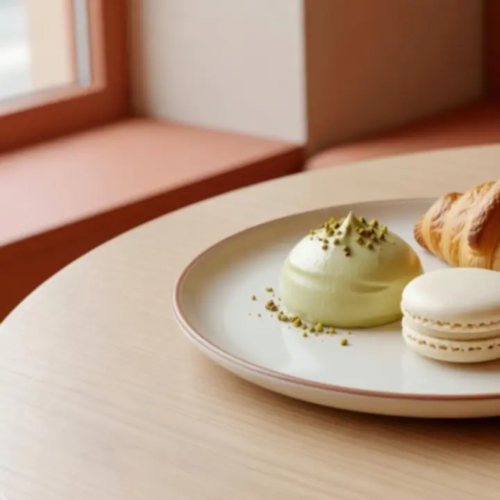 Elegáns kézműves desszertek és croissant válogatás márványlapon, kortárs tálalással