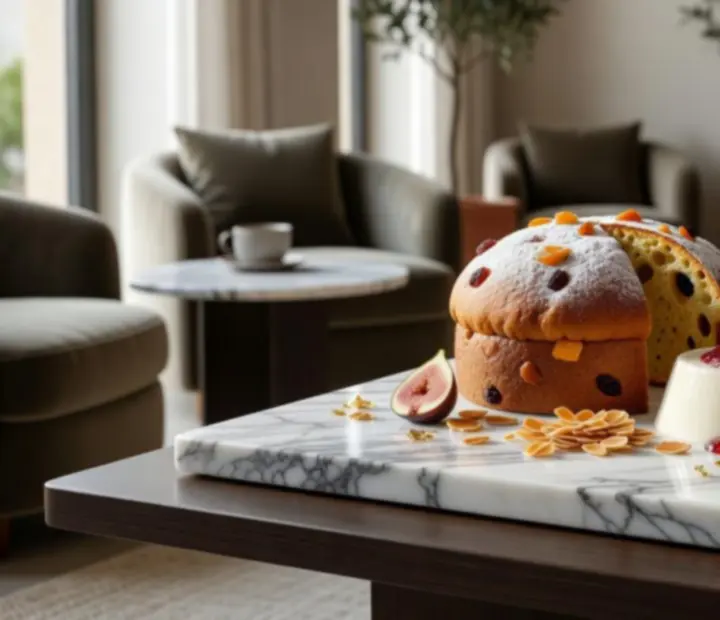 Panettone, panna cotta és ricotta mousse modern, esztétikus tálalásban