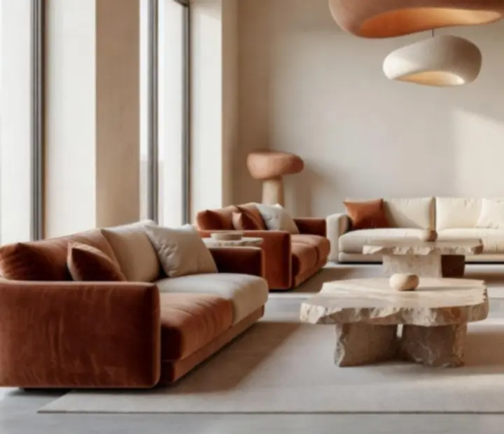 Modern lounge enteriőr bársonyos fotelekkel és hangulatos, szoborszerű világítással