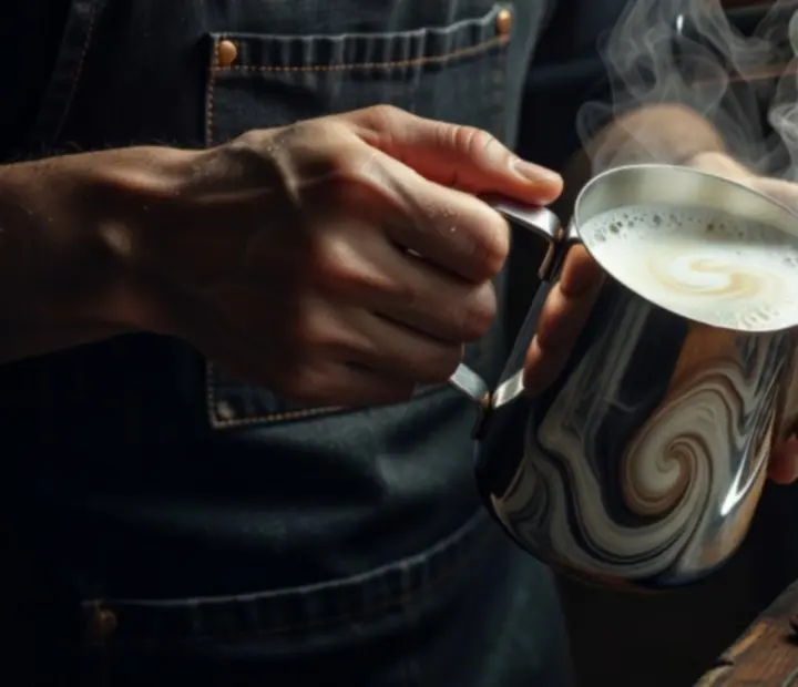 Barista lassított mozdulatokkal készít eszpresszót, filmes hangulatú fények között
