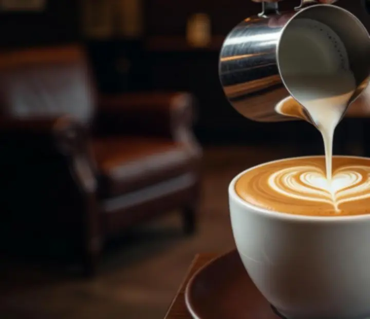 Latte art közelről, barista által készített művészi mintázattal