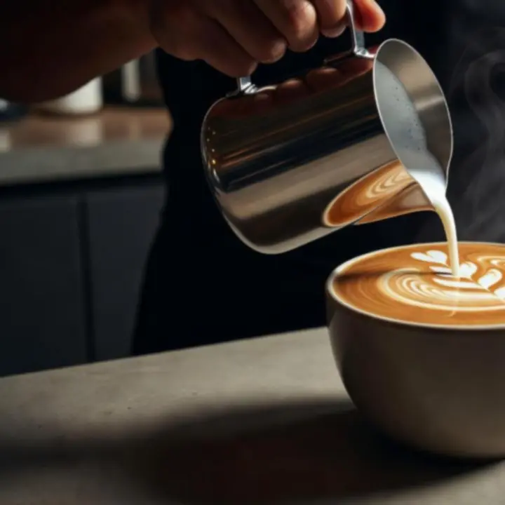 Barista latte art mintát önt egy krémes cappuccinóra