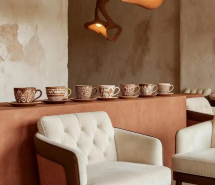 Kortárs lounge tér design bútorokkal és szoborszerű világítással
