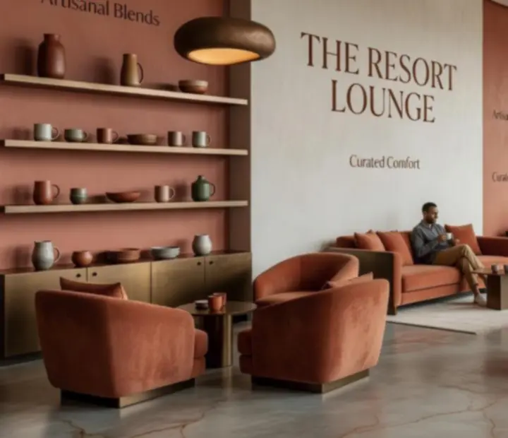 Kortárs belső tér természetes anyagokkal, szoborszerű lámpákkal és lounge-fotelekkel
