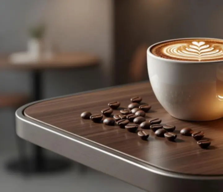 Signature kávéitalok közelről, latte art és editorial megvilágítás egy kortárs lounge asztalon