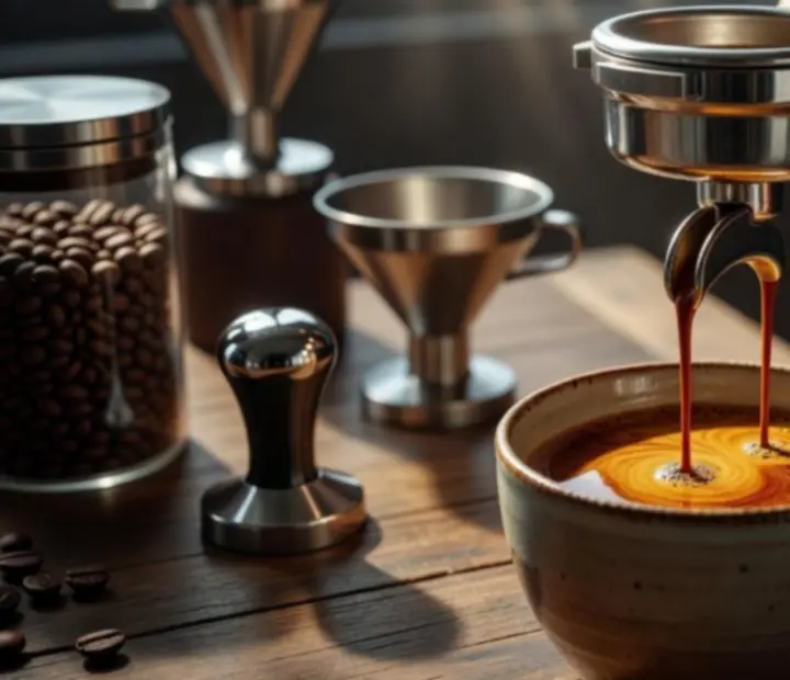 Cinematic közeli egy baristáról, amint sűrű, arany crema eszpresszót csapol
